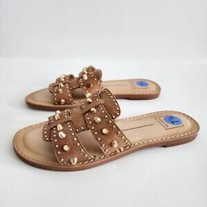 Dolce Vita Welsa Tan & Gold Studded Leather Sandals Flats Women's Size 7.5